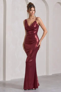 Galaxy Shimmer | Burgundy Bias Cut Cowl Front Maxi Dress -Stylixon Sales Store WB CL124620069 GalaxyShimmerBurgundyBiasCutCowlFrontMaxiDress4 scaled