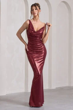 Galaxy Shimmer | Burgundy Bias Cut Cowl Front Maxi Dress -Stylixon Sales Store WB CL124620069 GalaxyShimmerBurgundyBiasCutCowlFrontMaxiDress6 scaled