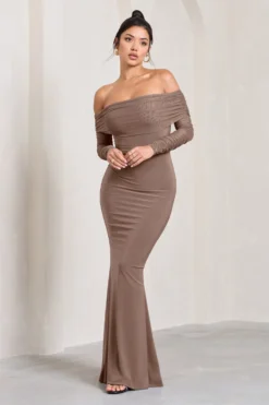 Madeleine | Mocha Fishtail Maxi Dress With Bardot Mesh Long Sleeves -Stylixon Sales Store WB CL124634038 MadeleineMochaFishtailMaxiDressWithBardotMeshLongSleeves1 scaled