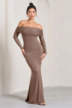Madeleine | Mocha Fishtail Maxi Dress With Bardot Mesh Long Sleeves -Stylixon Sales Store WB CL124634038 MadeleineMochaFishtailMaxiDressWithBardotMeshLongSleeves3 scaled