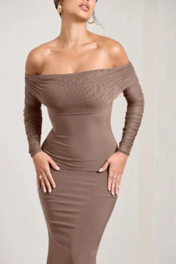 Madeleine | Mocha Fishtail Maxi Dress With Bardot Mesh Long Sleeves -Stylixon Sales Store WB CL124634038 MadeleineMochaFishtailMaxiDressWithBardotMeshLongSleeves4 scaled
