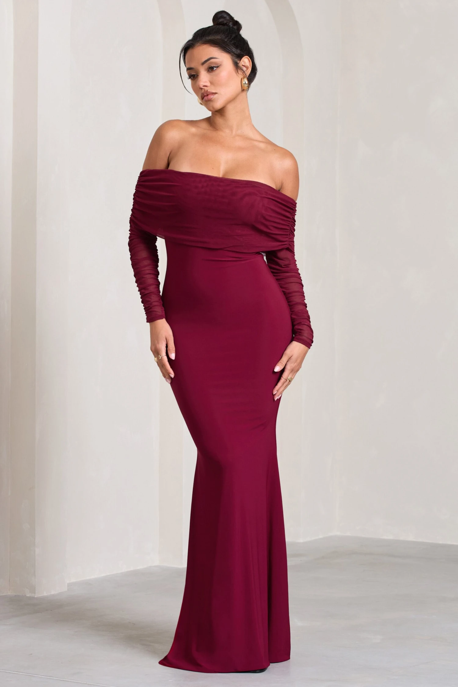 Madeleine | Berry Fishtail Maxi Dress With Bardot Mesh Long Sleeves 4 Madeleine | Berry Fishtail Maxi Dress With Bardot Mesh Long Sleeves - Image 4