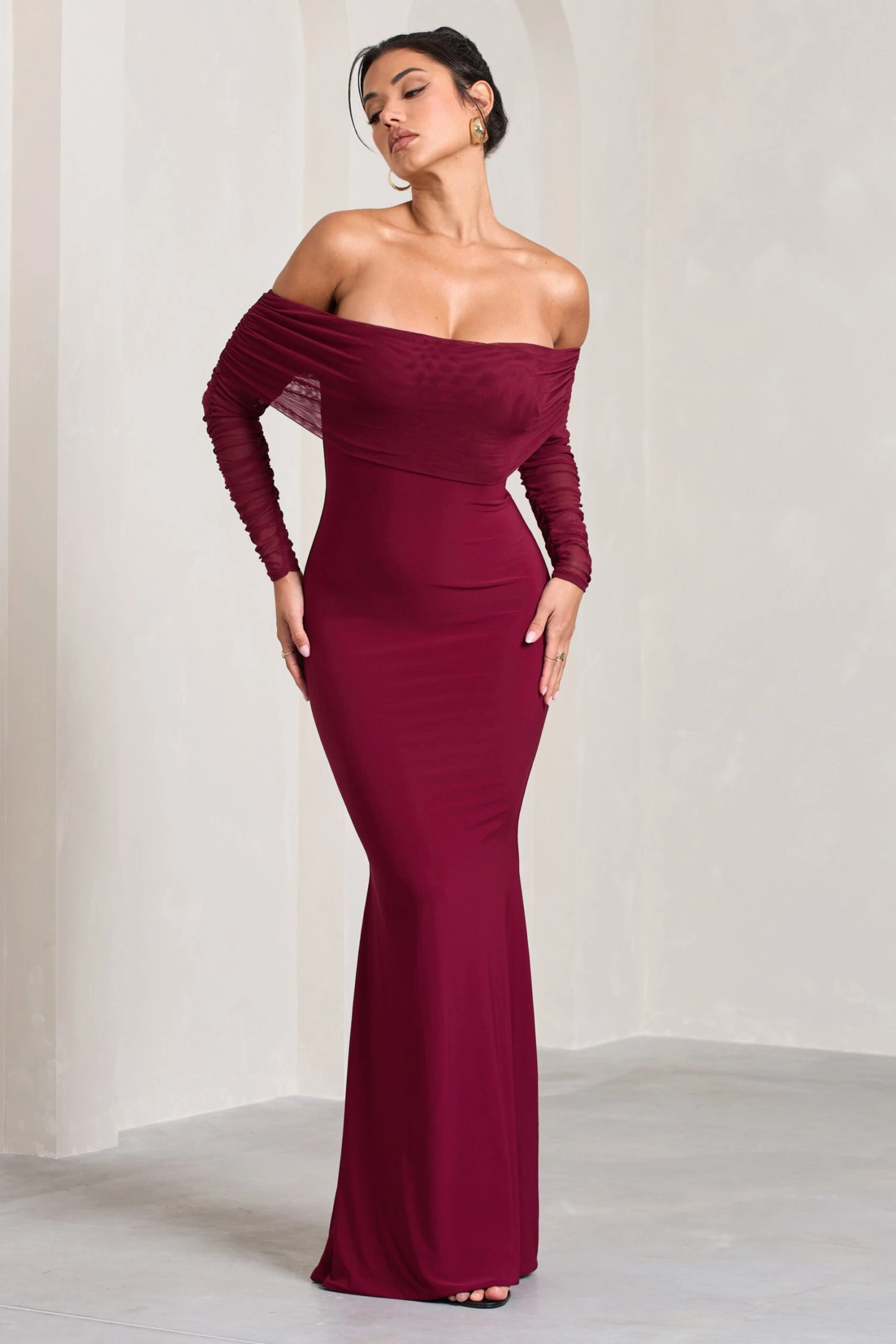 Madeleine | Berry Fishtail Maxi Dress With Bardot Mesh Long Sleeves 1 Madeleine | Berry Fishtail Maxi Dress With Bardot Mesh Long Sleeves