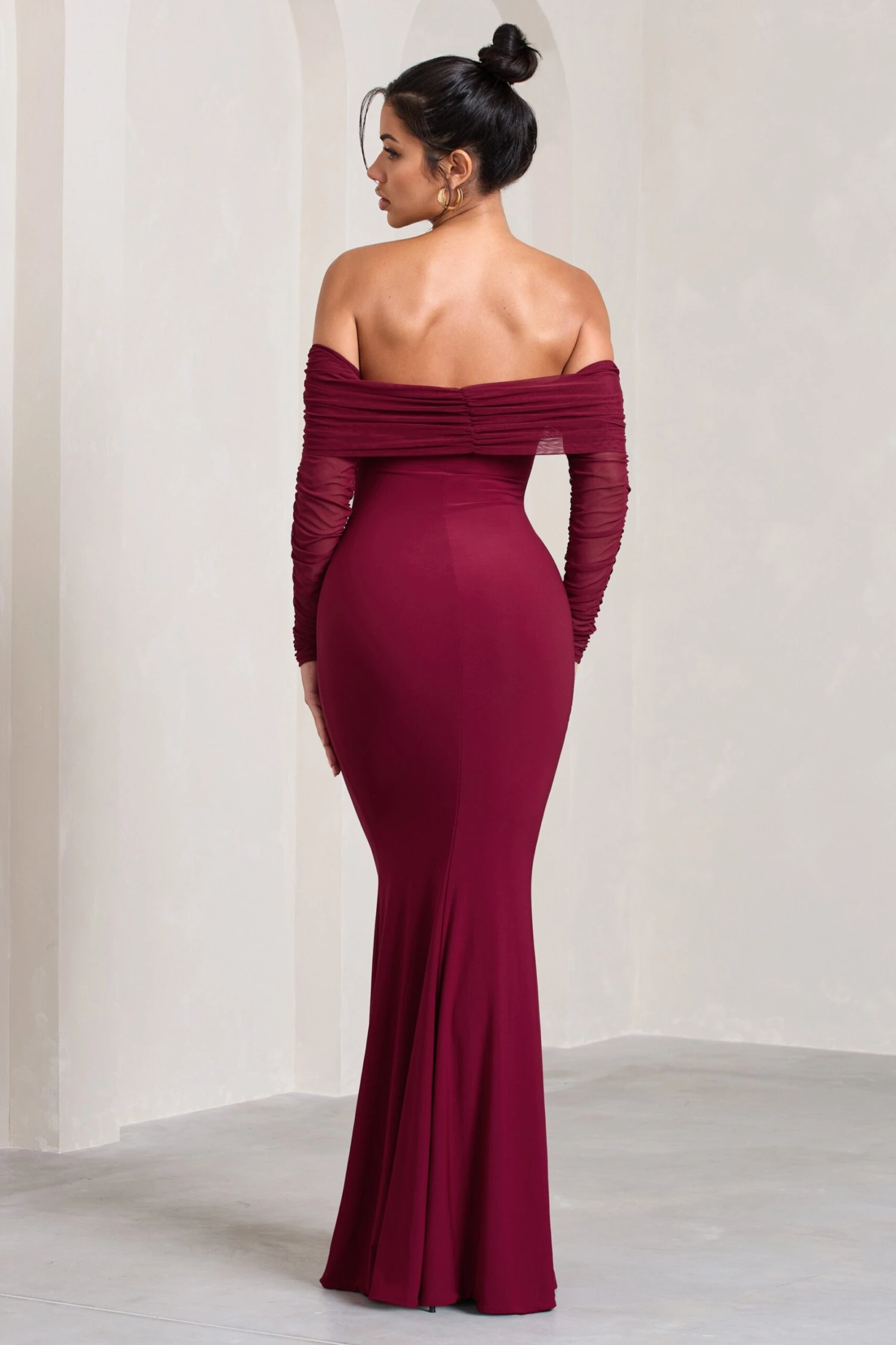 Madeleine | Berry Fishtail Maxi Dress With Bardot Mesh Long Sleeves 2 Madeleine | Berry Fishtail Maxi Dress With Bardot Mesh Long Sleeves - Image 2