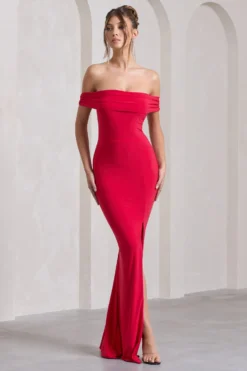 Law Of Attraction | Red Bardot Draped Split Maxi Dress -Stylixon Sales Store WB CL124662004 LawofAttractionRedBardotDrapedSplitMaxiDress1 scaled
