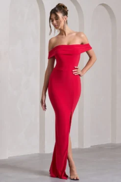 Law Of Attraction | Red Bardot Draped Split Maxi Dress -Stylixon Sales Store WB CL124662004 LawofAttractionRedBardotDrapedSplitMaxiDress3 scaled