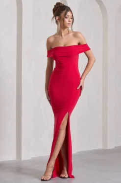 Law Of Attraction | Red Bardot Draped Split Maxi Dress