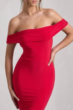Law Of Attraction | Red Bardot Draped Split Maxi Dress -Stylixon Sales Store WB CL124662004 LawofAttractionRedBardotDrapedSplitMaxiDress7 scaled
