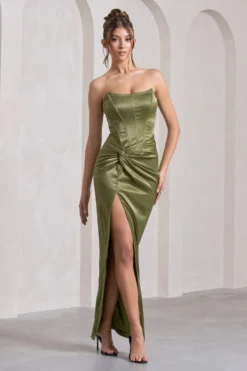 Romancing | Olive Thigh Split Corset Strapless Maxi Dress -Stylixon Sales Store WB CL125596113 RomancingOliveThighSplitCorsetStraplessMaxiDress scaled