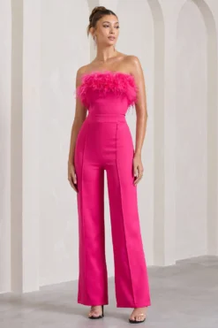 First Class | Hot Pink Bandeau Feather Wide Leg Jumpsuit -Stylixon Sales Store WB CL126174073 FirstClassHotPinkBandeauFeatherWideLegJumpsuit0 scaled
