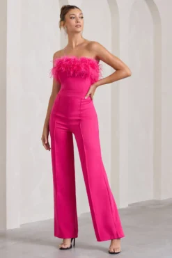 First Class | Hot Pink Bandeau Feather Wide Leg Jumpsuit -Stylixon Sales Store WB CL126174073 FirstClassHotPinkBandeauFeatherWideLegJumpsuit5 scaled