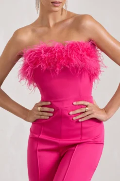First Class | Hot Pink Bandeau Feather Wide Leg Jumpsuit -Stylixon Sales Store WB CL126174073 FirstClassHotPinkBandeauFeatherWideLegJumpsuit6 scaled