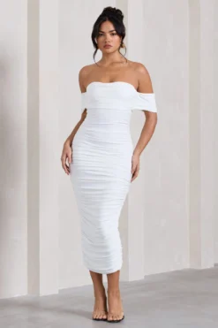 Lost For Words | White Bardot Ruched Draped Midi Dress -Stylixon Sales Store WB CL126195005 LostForWordsWhiteBardotRuchedDrapedMidiDress0 scaled