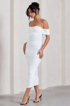 Lost For Words | White Bardot Ruched Draped Midi Dress -Stylixon Sales Store WB CL126195005 LostForWordsWhiteBardotRuchedDrapedMidiDress3 scaled