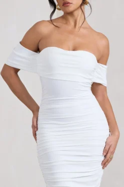 Lost For Words | White Bardot Ruched Draped Midi Dress -Stylixon Sales Store WB CL126195005 LostForWordsWhiteBardotRuchedDrapedMidiDress4 scaled