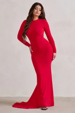 One Step Ahead | Red Long Sleeve Backless Fishtail Maxi Dress -Stylixon Sales Store WB CL126332 OneStepAheadRedLongSleeveBacklessFishtailMaxiDress1 scaled