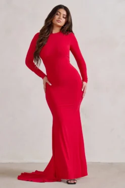 One Step Ahead | Red Long Sleeve Backless Fishtail Maxi Dress -Stylixon Sales Store WB CL126332 OneStepAheadRedLongSleeveBacklessFishtailMaxiDress2 scaled