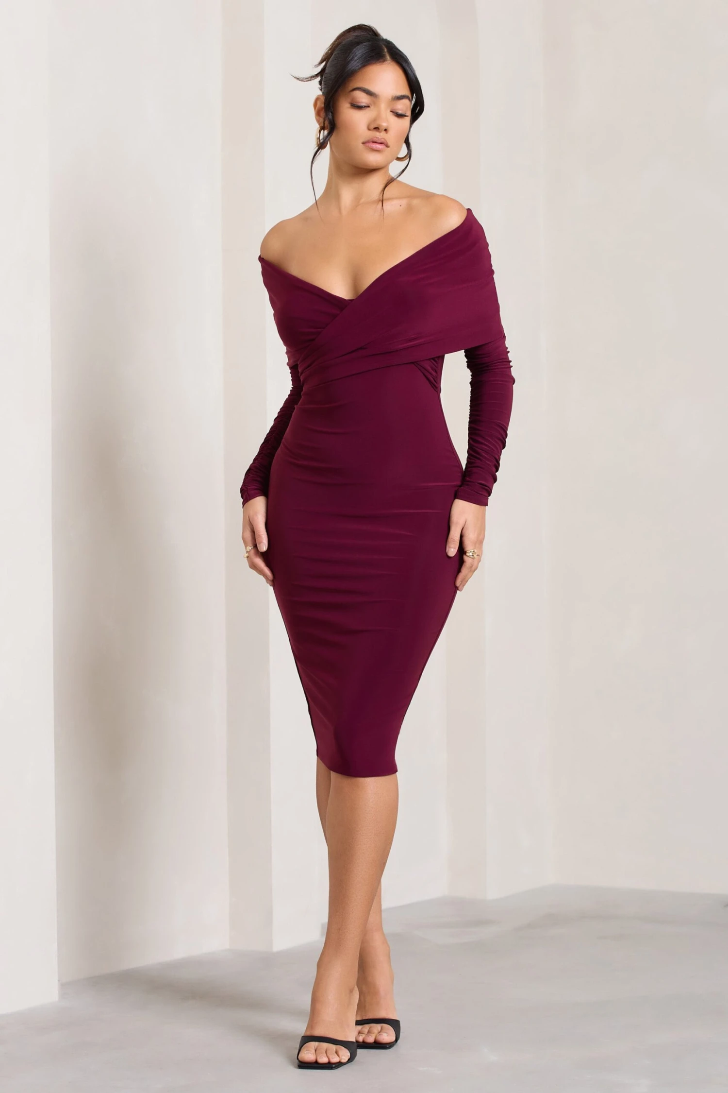 Flatter Me | Burgundy Twist Front Bardot Midi Dress 1 Flatter Me | Burgundy Twist Front Bardot Midi Dress