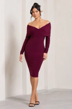 Flatter Me | Burgundy Twist Front Bardot Midi Dress 8 Flatter Me | Burgundy Twist Front Bardot Midi Dress -Stylixon Sales Store WB CL126408158 FlatterMe BurgundyTwistFrontBardotMidiDress4 scaled