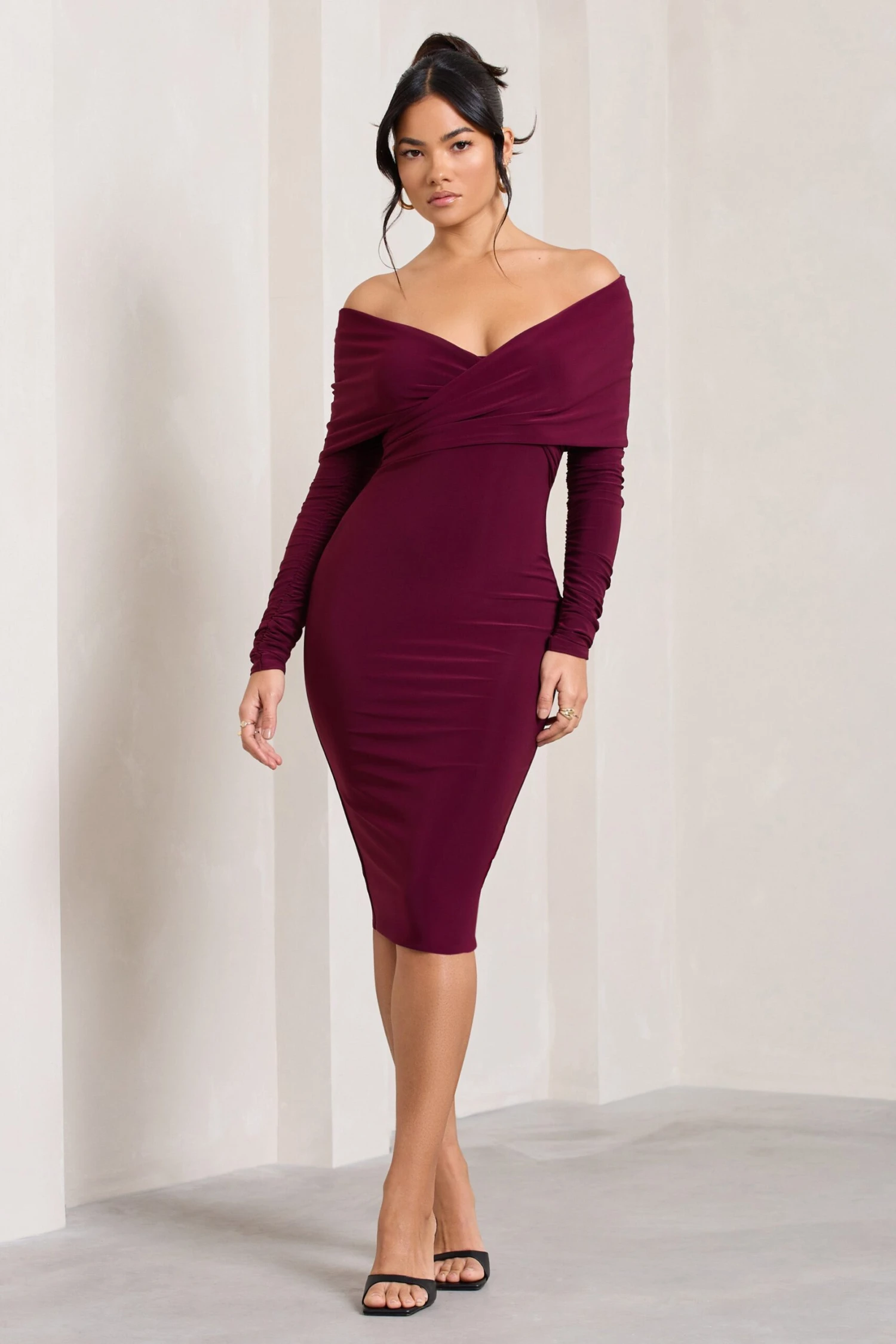 Flatter Me | Burgundy Twist Front Bardot Midi Dress 4 Flatter Me | Burgundy Twist Front Bardot Midi Dress - Image 4