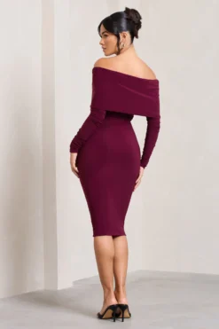 Stylixon Sales Store -Stylixon Sales Store WB CL126408158 FlatterMe BurgundyTwistFrontBardotMidiDress6 scaled