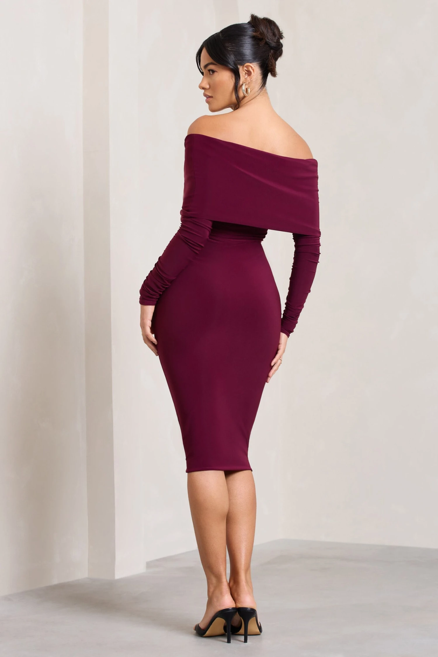 Flatter Me | Burgundy Twist Front Bardot Midi Dress 2 Flatter Me | Burgundy Twist Front Bardot Midi Dress - Image 2