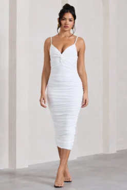 Desired | White Knot Detail Ruched Midi Dress -Stylixon Sales Store WB CL126642005 DesiredWhiteKnotDetailRuchedMidiDress1 scaled