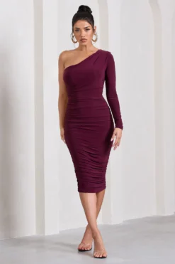 In The Shadows | Burgundy One Sleeve Midi Dress With Ruching 9 In The Shadows | Burgundy One Sleeve Midi Dress With Ruching -Stylixon Sales Store WB CL126671069 InTheShadowsBurgundyOneSleeveMidiDressWithRuching3 scaled