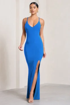 Love Shy | Blue Plunge Neck Maxi Dress With Split Detail 8 Love Shy | Blue Plunge Neck Maxi Dress With Split Detail -Stylixon Sales Store WB CL126720020 LoveShyBluePlungeNeckMaxiDressWithSplitDetail3 scaled
