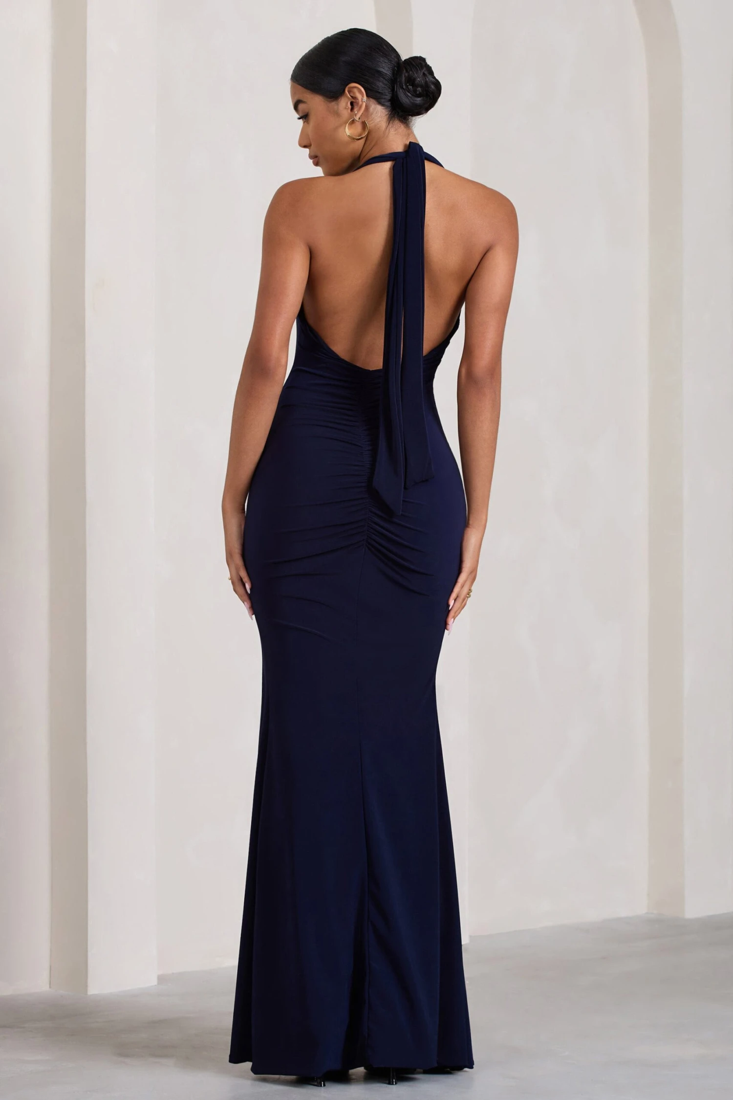 Glamour | Navy Backless V Plunge Halter Neck Maxi Dress With Side Split 2 Glamour | Navy Backless V Plunge Halter Neck Maxi Dress With Side Split - Image 2