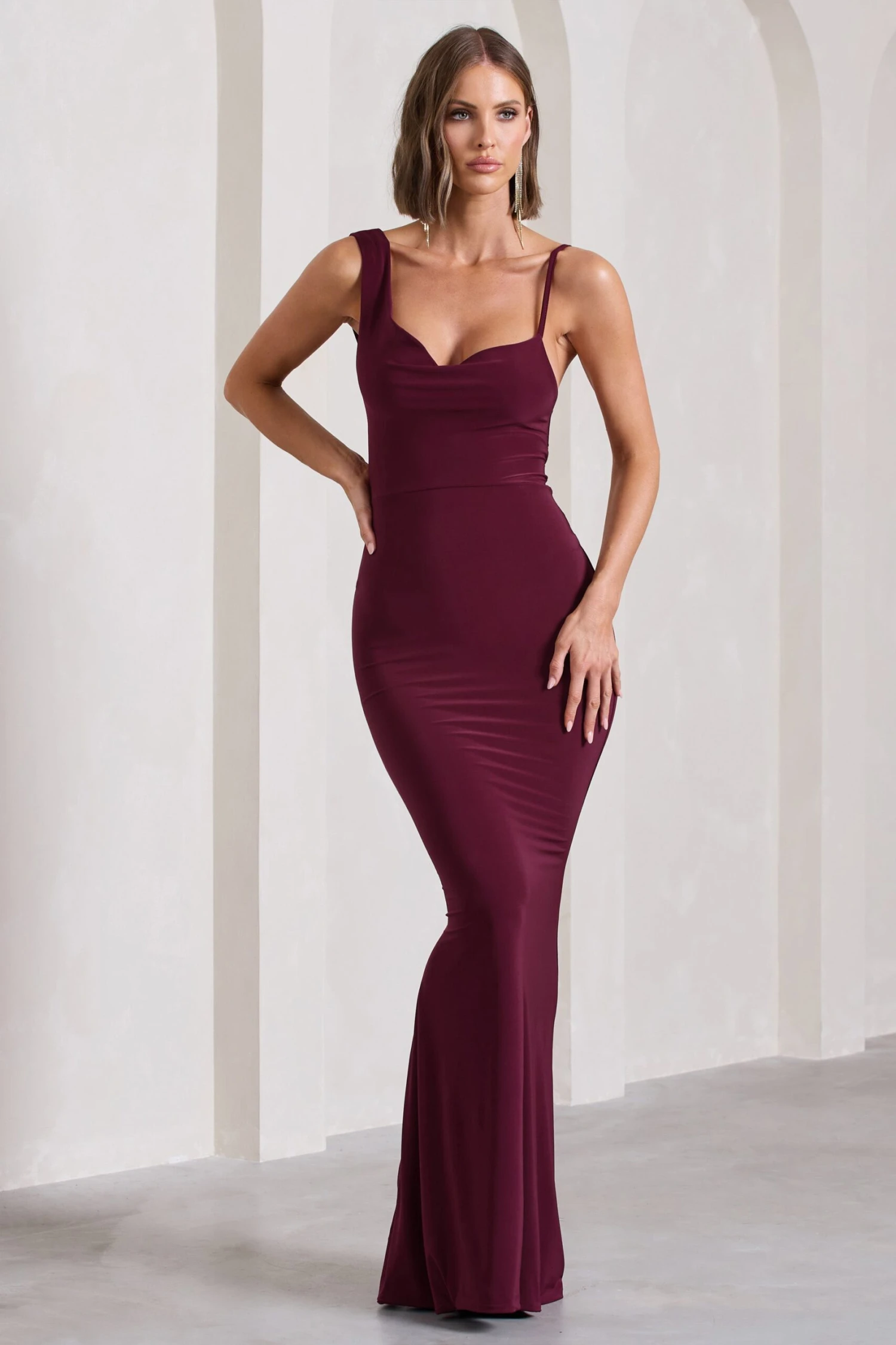 Phantasy | Burgundy Asymmetric Neckline Cowl Maxi Dress 1 Phantasy | Burgundy Asymmetric Neckline Cowl Maxi Dress
