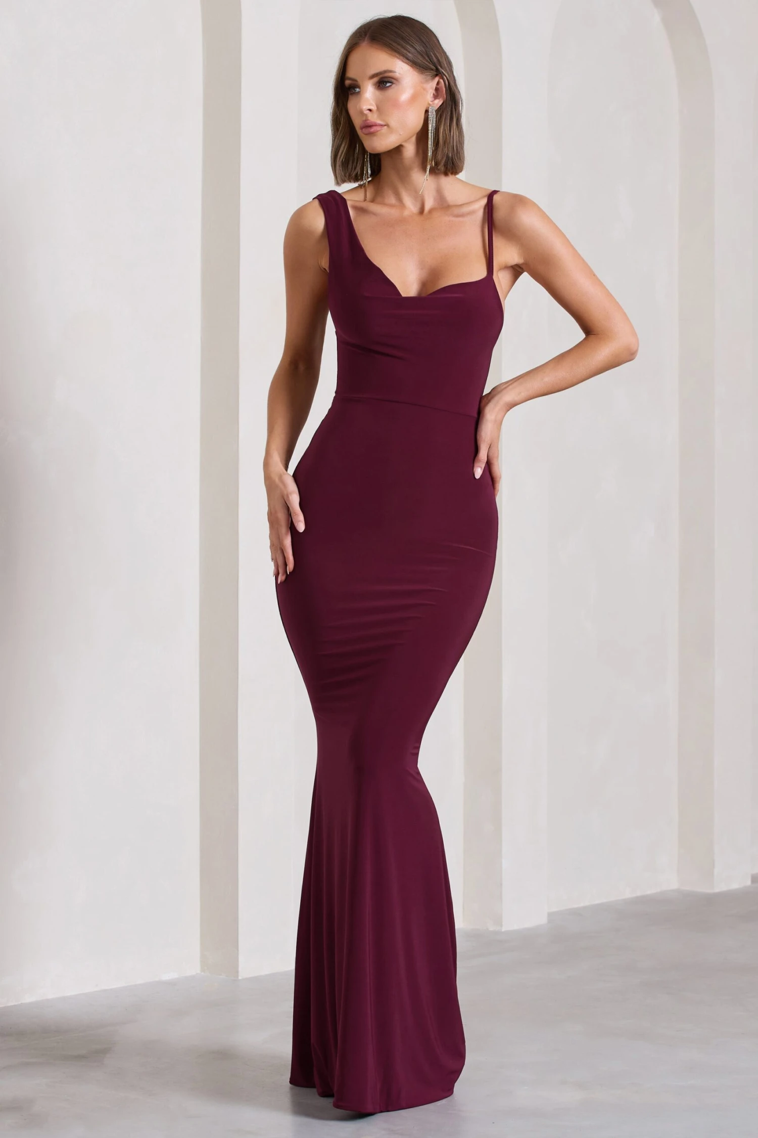 Phantasy | Burgundy Asymmetric Neckline Cowl Maxi Dress 4 Phantasy | Burgundy Asymmetric Neckline Cowl Maxi Dress - Image 4