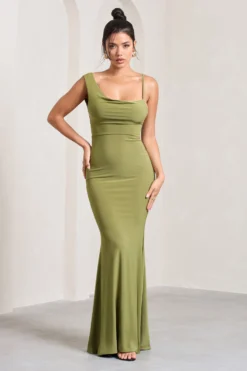 Phantasy | Olive Asymmetric Neckline Cowl Maxi Dress -Stylixon Sales Store WB CL126730113 PhantasyOliveAsymmetricNecklineCowlMaxiDress1 scaled