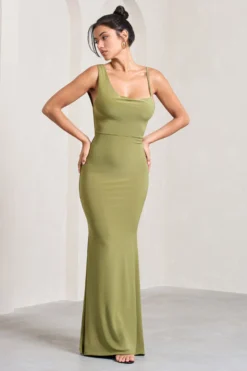 Phantasy | Olive Asymmetric Neckline Cowl Maxi Dress -Stylixon Sales Store WB CL126730113 PhantasyOliveAsymmetricNecklineCowlMaxiDress2 scaled