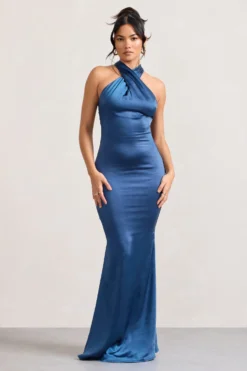 Unstoppable | Navy Satin Cross Over Halterneck Maxi Dress -Stylixon Sales Store WB CL126739015 UnstoppableNavySatinCrossOverHalterneckMaxiDress2 scaled