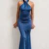 Unstoppable | Navy Satin Cross Over Halterneck Maxi Dress
