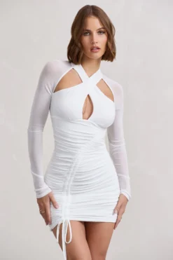 Eyes On You | White Long Sleeve Halter Neck Mini Dress -Stylixon Sales Store WB CL126751005 EyesOnYouWhiteLongSleeveHalterNeckMiniDress2 scaled