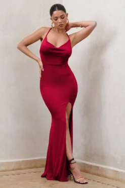 In My Feelings | Cherry Red Cowl Neck Split Maxi Dress -Stylixon Sales Store WB CL127176 InMyFeelingsCherryCowlNeckSplitMaxiDress2 scaled