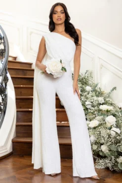 Lyrical | White Sequin Straight Leg Jumpsuit With Cape -Stylixon Sales Store WB CL127254 WhiteSequinStraightLegJumpsuitWithCape9 scaled