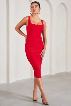 Lisbon | Red Square Neck Ruched Midi Dress -Stylixon Sales Store WB CL127326004 LisbonRedSquareNeckRuchedMidiDress2 scaled