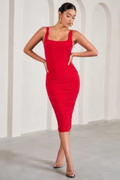 Lisbon | Red Square Neck Ruched Midi Dress -Stylixon Sales Store WB CL127326004 LisbonRedSquareNeckRuchedMidiDress3 scaled