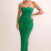My Lady | Emerald Green Strapless Bodycon Ruched Mesh Maxi Dress
