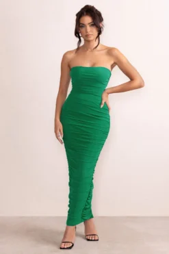 My Lady | Emerald Green Strapless Bodycon Ruched Mesh Maxi Dress