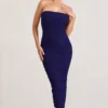 My Lady | Purple Strapless Bodycon Ruched Mesh Maxi Dress