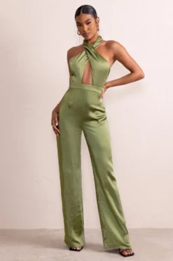 Lost Treasure | Olive Halter Neck Cut Out Wide Leg Jumpsuit