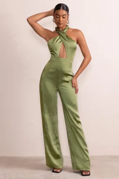Lost Treasure | Olive Halter Neck Cut Out Wide Leg Jumpsuit -Stylixon Sales Store WB CL127476 LostTreasureOliveSatinHalterNeckCutOutWideLegJumpsuit1 scaled