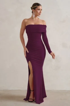 Meghan | Plum Bardot Neck Thigh Split Fishtail Maxi Dress -Stylixon Sales Store WB CL127640069MeghanPlumBardotNeckThighSplitFishtailMaxiDress00001 scaled