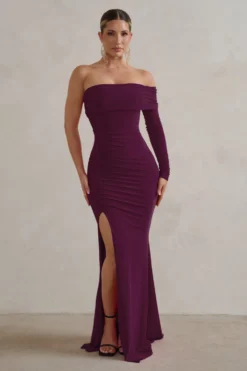 Meghan | Plum Bardot Neck Thigh Split Fishtail Maxi Dress -Stylixon Sales Store WB CL127640069MeghanPlumBardotNeckThighSplitFishtailMaxiDress00002 scaled