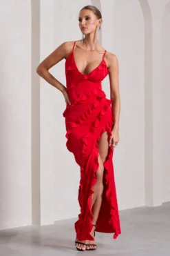 Run The World | Red Plunge Neckline Ruffle Maxi Dress -Stylixon Sales Store WB CL127687004 RunTheWorldRedSweetheartNecklineRuffleMaxiDress2 scaled