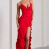 Run The World | Red Plunge Neckline Ruffle Maxi Dress